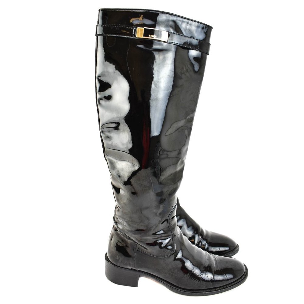 FENDI: Black, Patent Leather & Logo Tall Boots - Picture 2 of 11